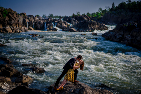 Adventurous, outdoor Great Falls, Virginia engagement image created during An epic dip at the water Falls