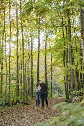 At Equinox Pond at the Equinox Resort in Manchester, Vermont, the soon-to-be-wed couple strolled through the woods during their engagement portrait session.